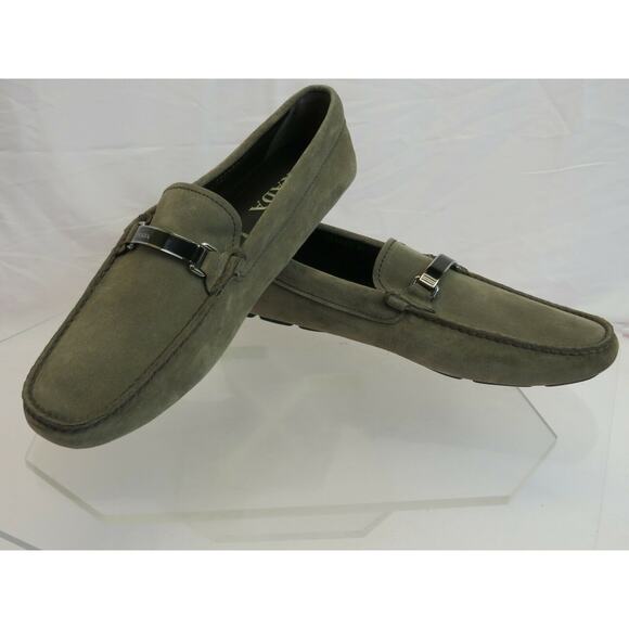 PRADA 2DD159 KHAKI FUMO SUEDE LOGO DRIVING MOCCASINS LOAFERS 8 / US 9 ITALY - Picture 12 of 12